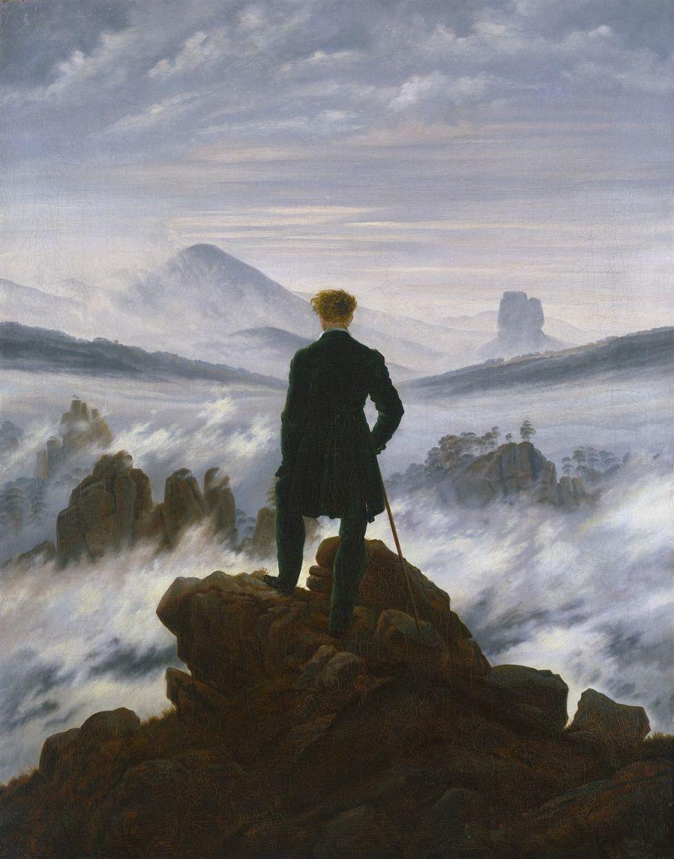 Caspar David Friedrich - Andarilho acima do Mar de Nevoeiro, 1817, Hamburger Kunsthalle, Alemanha óleo sobre tela